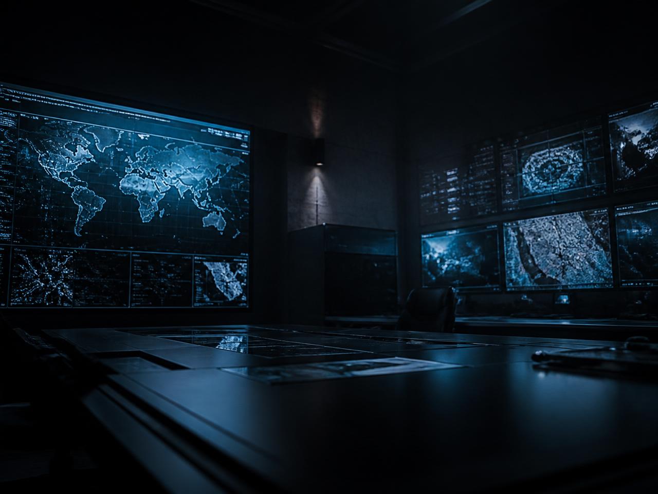 Dimly lit situation room with monitors mapping global signals